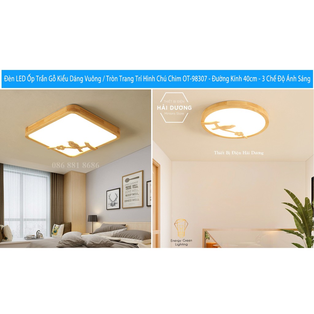 Đèn LED Ốp Trần Gỗ Kiểu DángVuông / Tròn Trang Trí Hình Chú Chim OT-98307 - Đường Kính 40cm - 3 Chế Độ Ánh Sáng-Có video