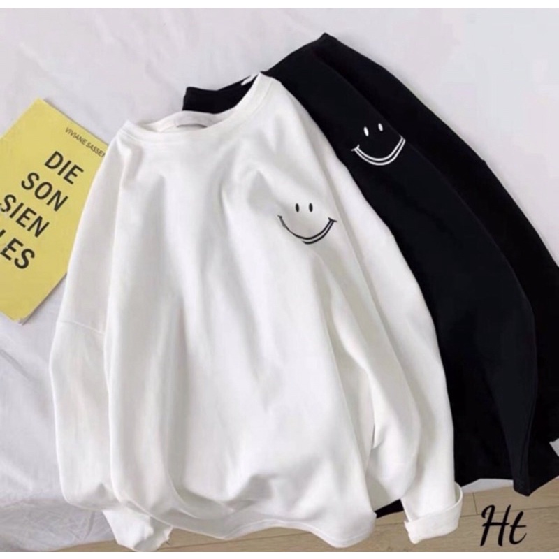 Áo Thun Dài Tay Cổ Tròn Họa Tiết Hình Mặt Cười Phong Cách Trẻ Trung Thời Trang Minishop Unisex Nam Nữ