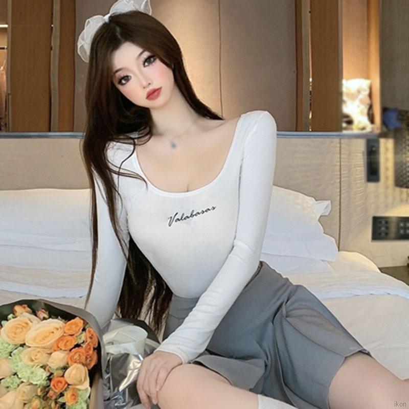 Áo thun lửng tay dài in chữ phong cách gợi cảm cho phái nữ