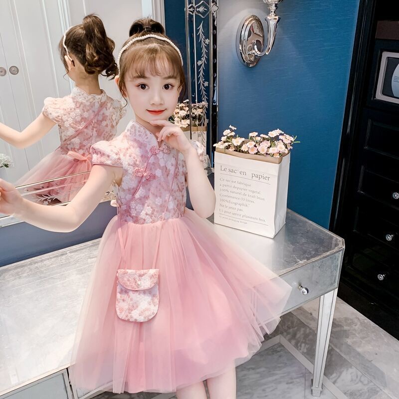 Đầm Sườn Xám Công Chúa Phối Lưới Thời Trang Mùa Hè Cho Bé Gái
