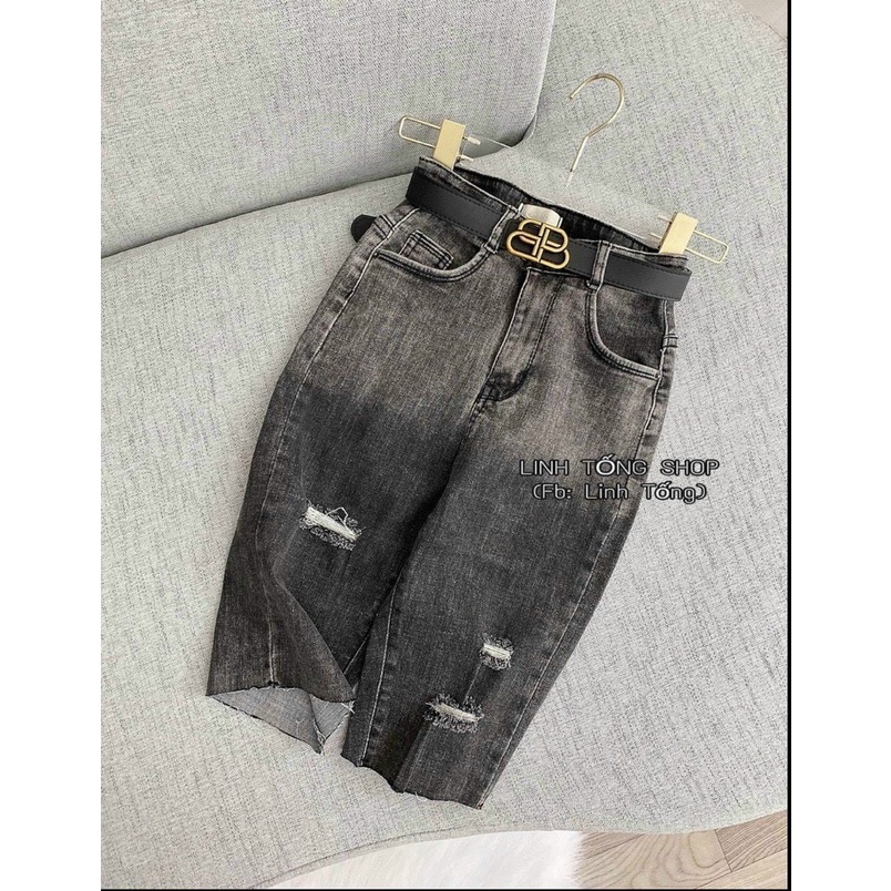 Quần jean lưng cao co dãn dáng lửng ôm dáng màu loang dưới