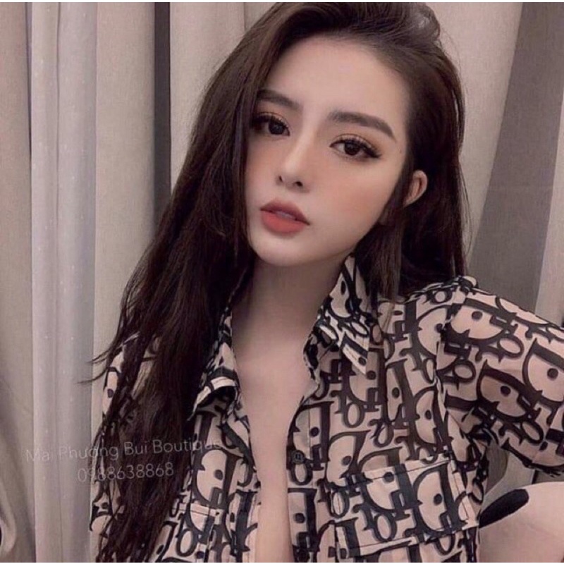 Áo sơ mi lụa tay cộc hoạ tiết chữ dio.r sang chảnh lụa tơ mềm mát cao cấp form rộng