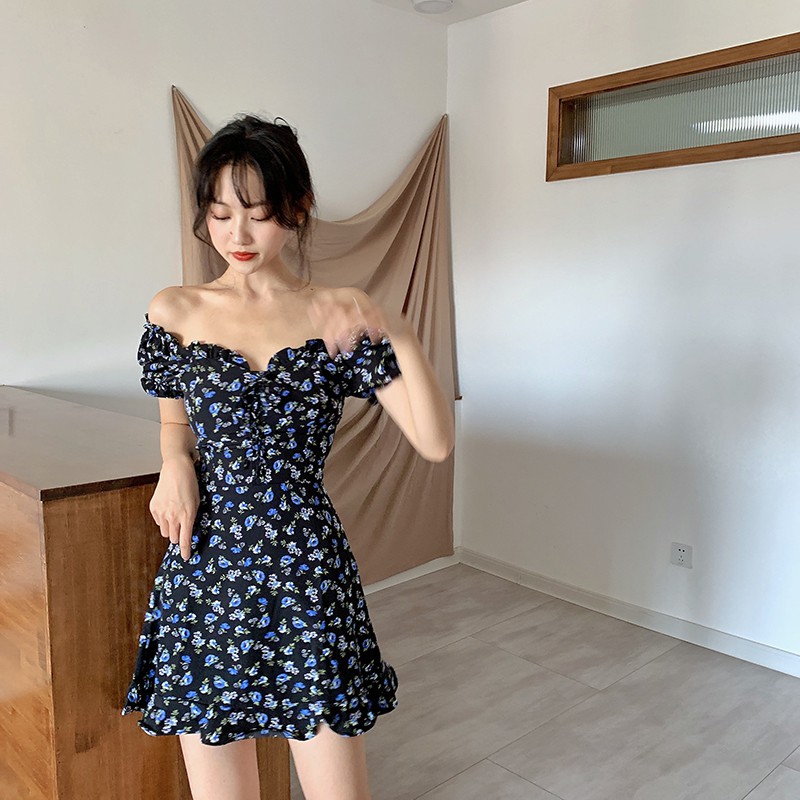 Đầm chiffon tay phồng cổ chữ V họa tiết hoa phong cách retro xinh xắn thời trang cho nữ