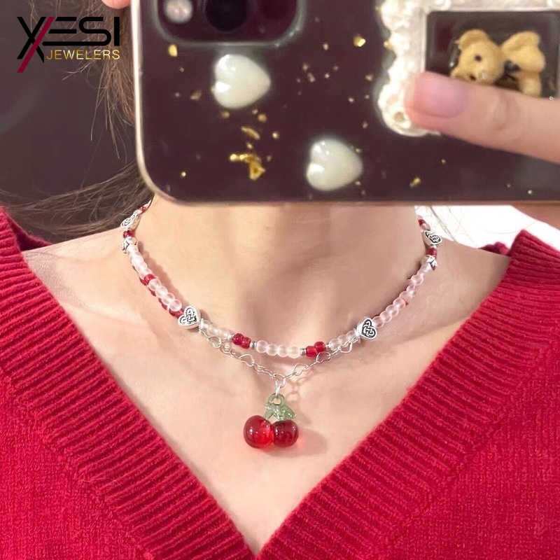 Vòng cổ Chuỗi Hạt Mặt Hình Trái Cherry Đỏ Thời Trang Cho Nữ