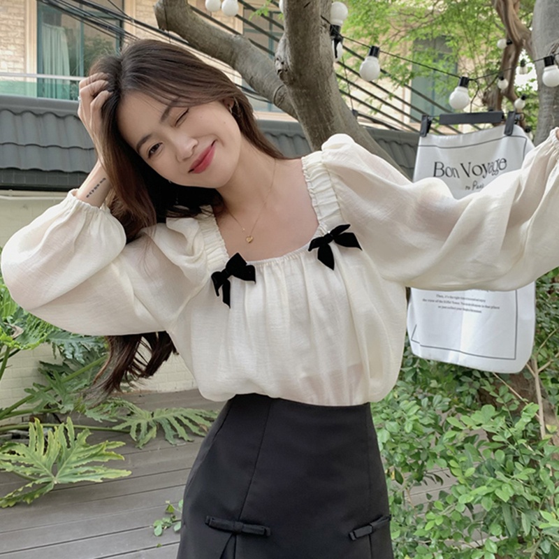 Áo chiffon BH cổ vuông tay dài đính nơ thời trang mùa hè dành cho nữ 2022