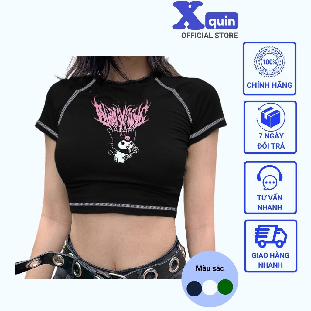 Áo croptop nữ ngắn tay viền chỉ Xquin Áo kiểu nữ thêu hình chuột chất thun gân mềm mịn