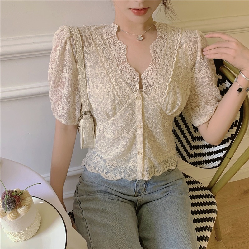 V Neck Lace Short Sleeve Women Short Retro French Bubble Sleeve Top Thin
