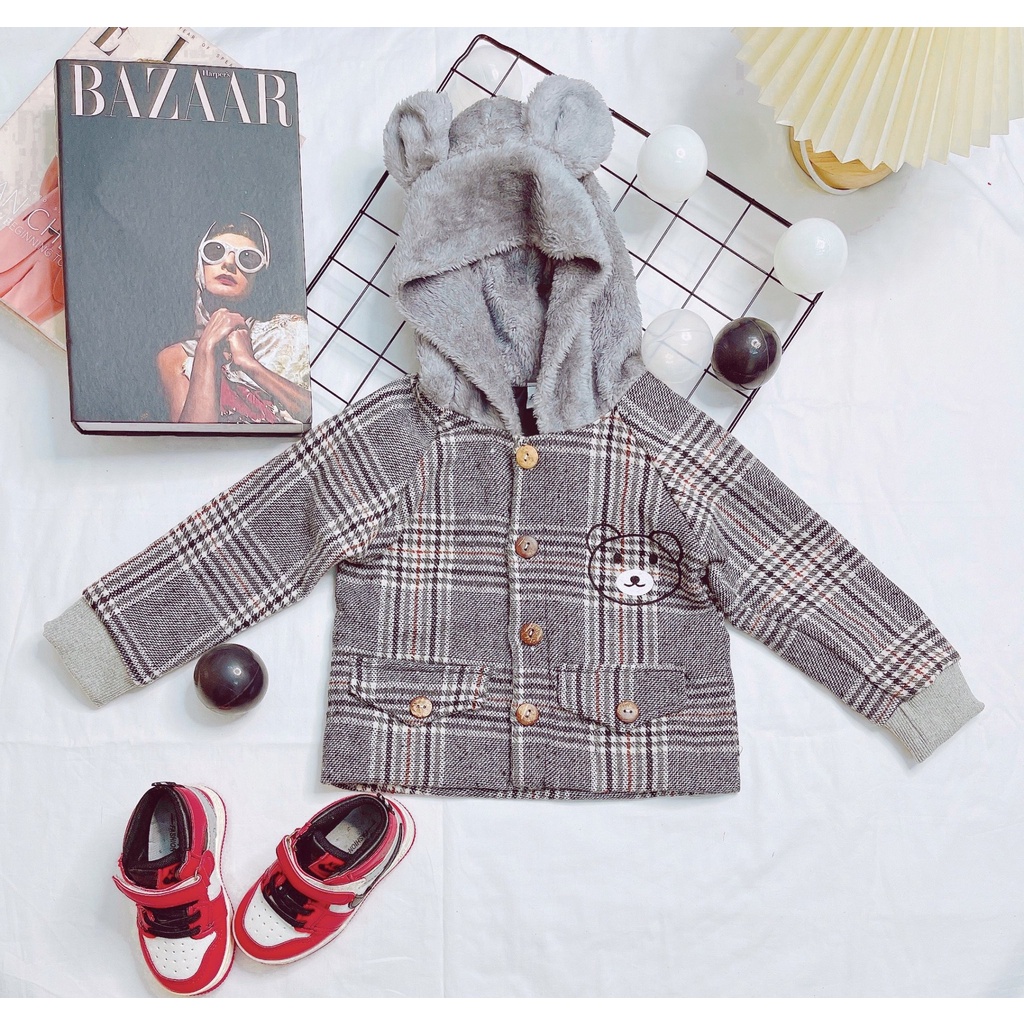 Áo Khoác Dạ Kẻ Mũ Tai Gấu Chất Đẹp AM411 Cho Bé Trai Và Bé Gái TTR135