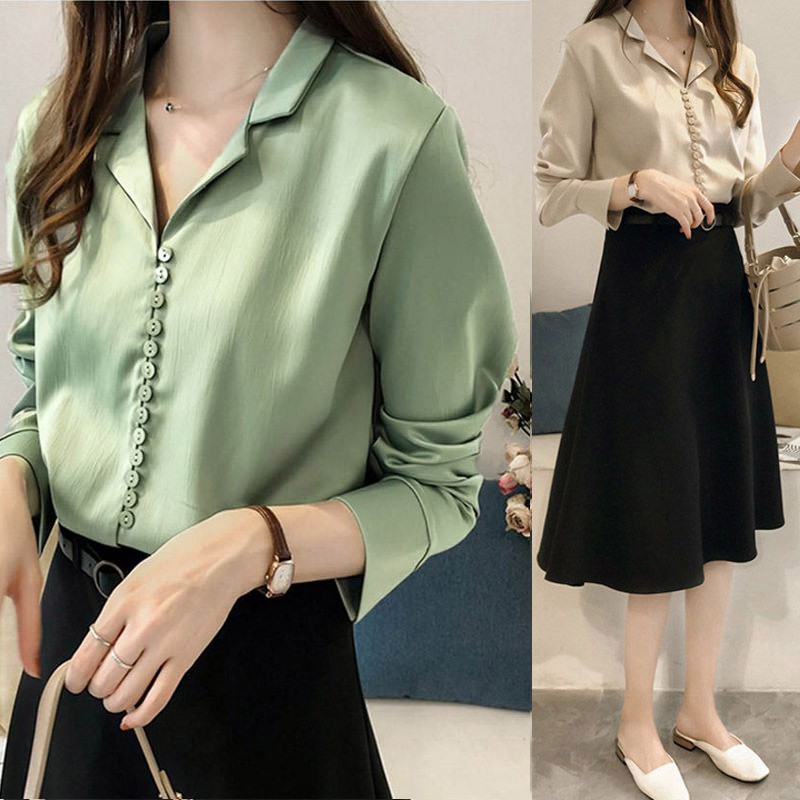 Áo sơ mi cổ chữ V dáng rộng màu trơn thanh lịch cho nữ