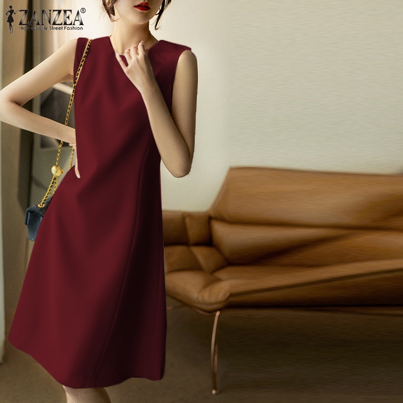 Đầm ZANZEA không tay màu trơn có túi và khóa kéo sau lưng thời trang vintage cho nữ