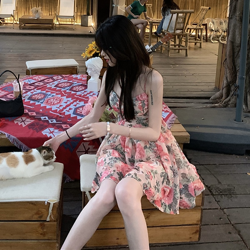 Đầm chiffon hai dây ZHELIHANGFEI nhấn eo họa tiết hoa phong cách sang trọng thời trang