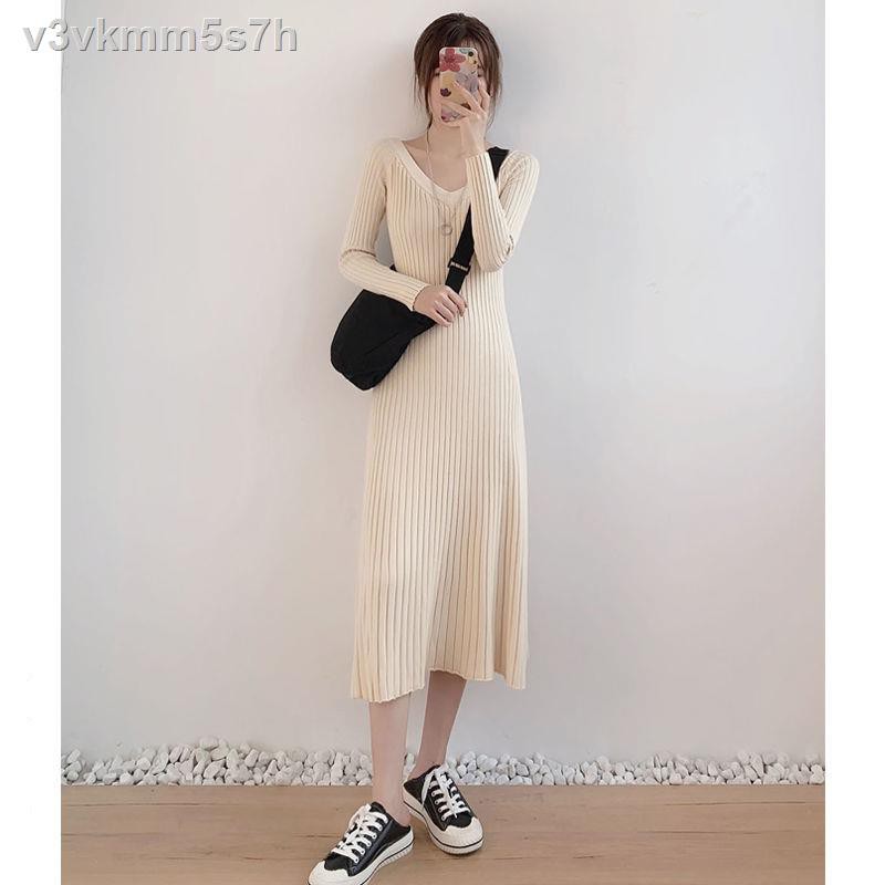Knitted dress spring and autumn 2021 new temperament waist slimming long-sleeved bottoming skirt over the knee long fema | BigBuy360 - bigbuy360.vn