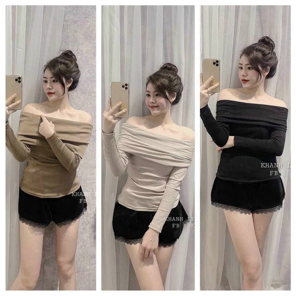 Áo Thun Hàn Quốc Trễ Vai Cổ Xếp Tay Dài Đáng Yêu  TTSA1488