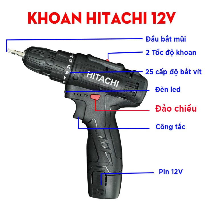 Máy khoan pin Hitachi 12V - Máy Bắt Vít Cầm Tay tặng kèm bộ phụ kiện 21 chi tiết