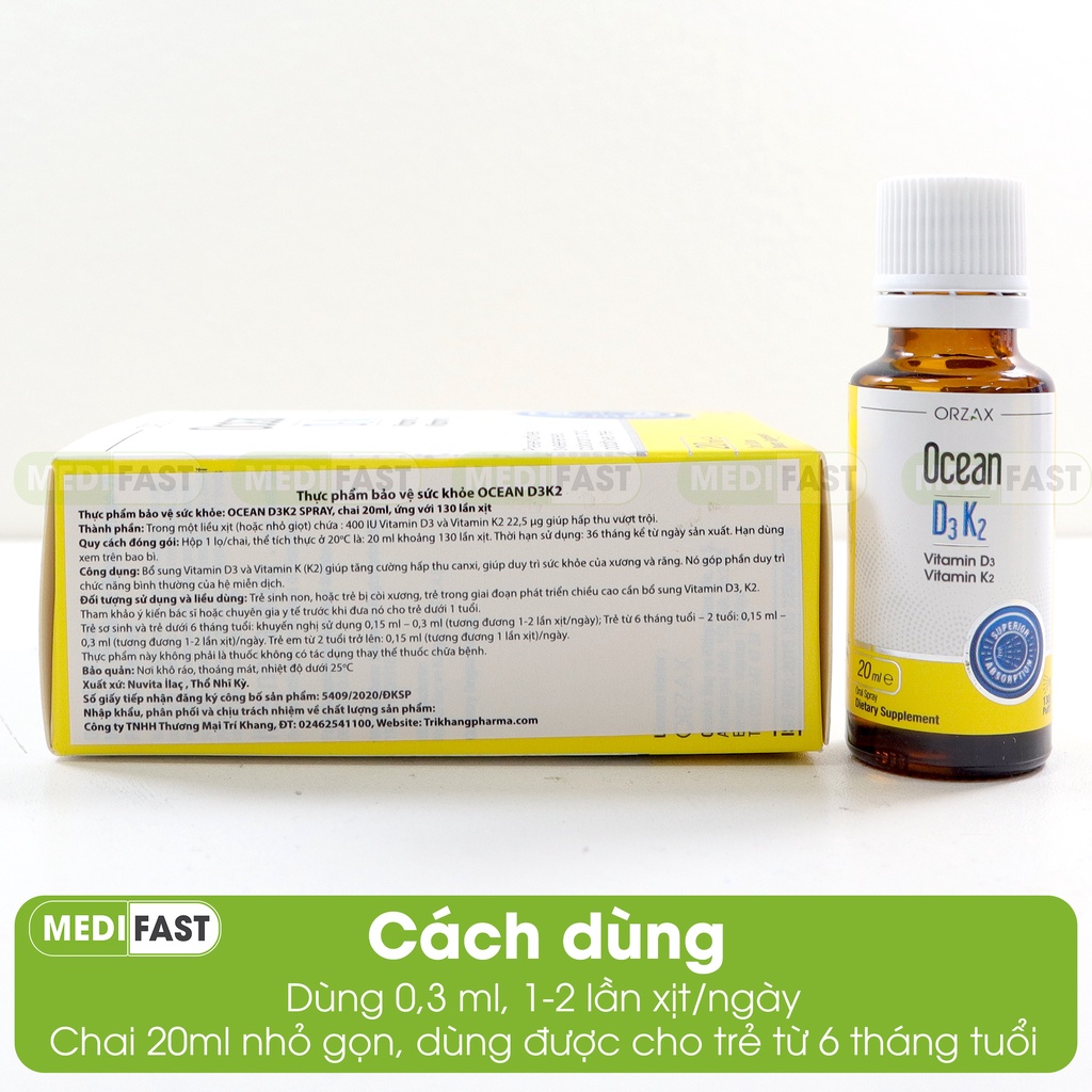 Vitamin D3K2 - Xịt và nhỏ OCEAN D3 K2 20ml hỗ trợ phát triển xương cho trẻ sơ sinh và trẻ nhỏ, hấp thụ canxi tối đa