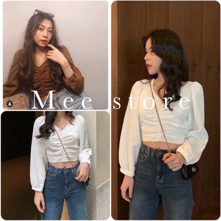 Áo croptop rúm ngực - croptop nữ tay bồng cổ v bo chun lưng siêu xinh