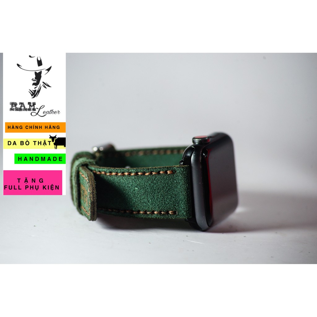 Dây đồng hồ da bò lộn màu xanh lục hamdmade RAM Leather 1962 - tặng khóa chốt và cây thay dây