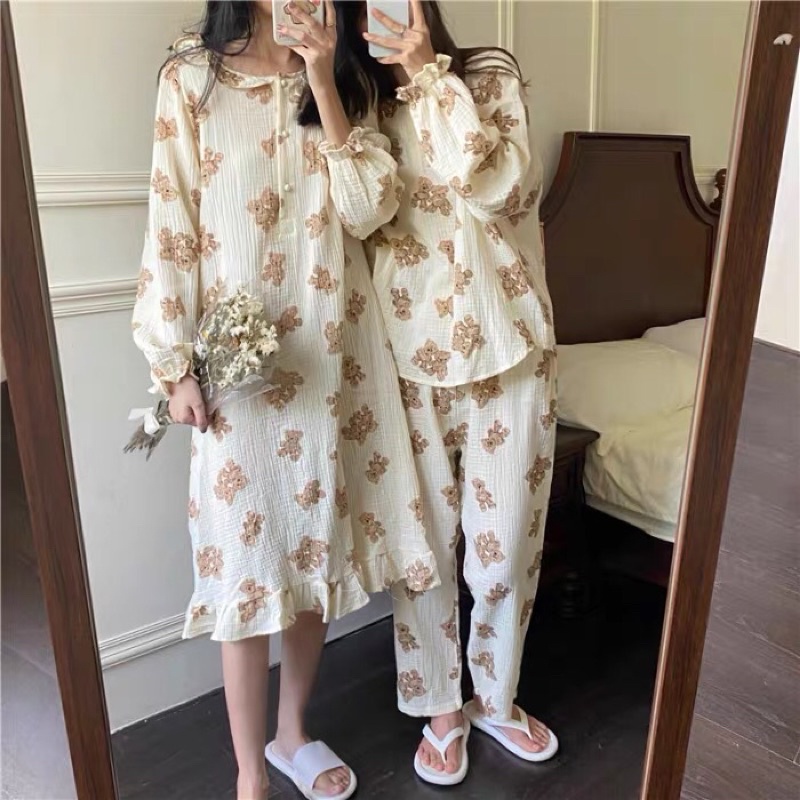 SET BỘ MẶC NHÀ / VÁY PIJAMA XÔ MUSLIN GẤU CAO CẤP