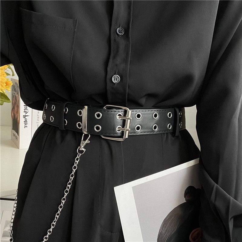 Thắt Lưng Hai Hàng Lỗ Phối Dây Xích Phong Cách Hiphop Đường Phố Trẻ Trung Cho Nam