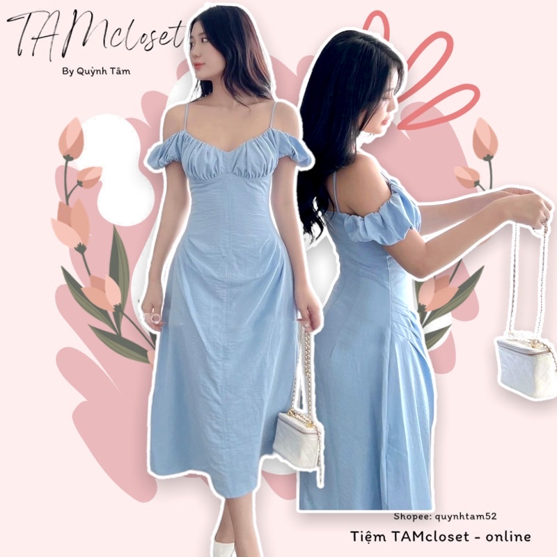 Đầm maxi dạo biển xoè trễ vai xếp eo - TK646