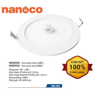 Combo 5 cái - đèn led slim downlight nanoco 9w nsd096s,nsd093s - góc chiếu 120°