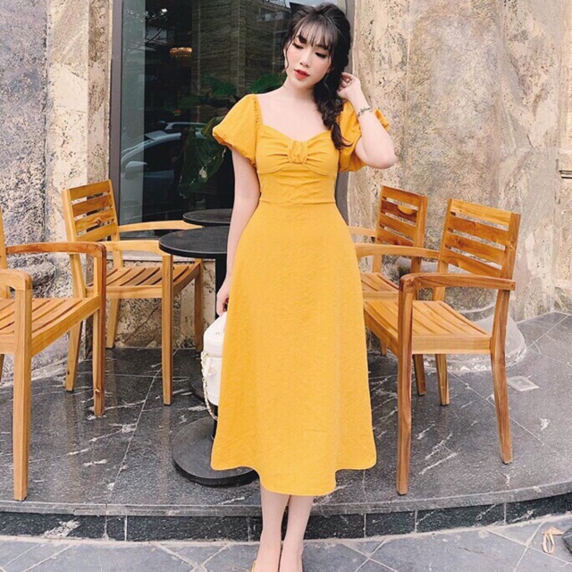 Đầm Midi Bo Ngực Tay Búp Dáng Xòe Xt