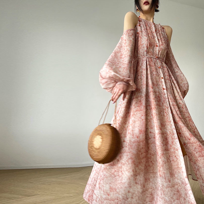 Hàng Có Sẵn Giao Hàng Ngay Ngay Ngay Lập Phương ~ 2022 Váy Dài Hở Vai In Họa Tiết Mực Phong Cách Pháp Mùa Thu
