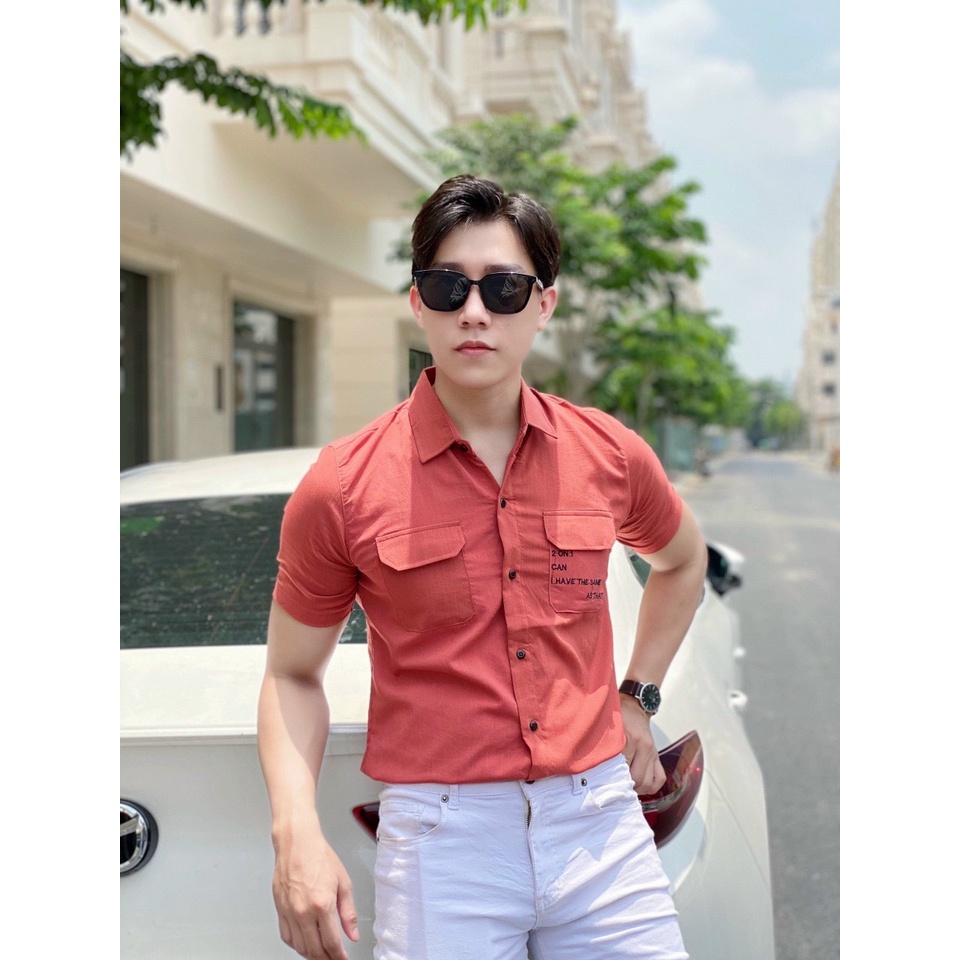 Áo sơ mi đũi tay ngắn nam, chất đũi dày dặn phối chữ thời trang - HKSM15 - Cam đỏ