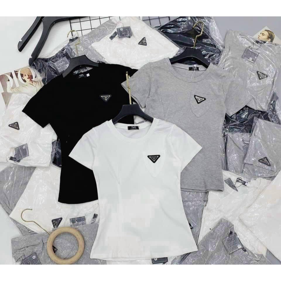 Áo thun nữ chất phông cotton  4 chiều cổ tròn tag ngực Prad