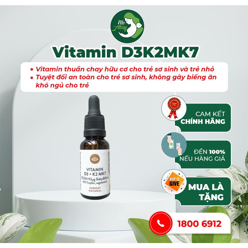 Vitamin D3 K2 MK7 nhập khẩu Đức, Sunday Natural 20ml giúp hấp thụ canxi phát triển chiều cao tối ưu - Mẹ Akay