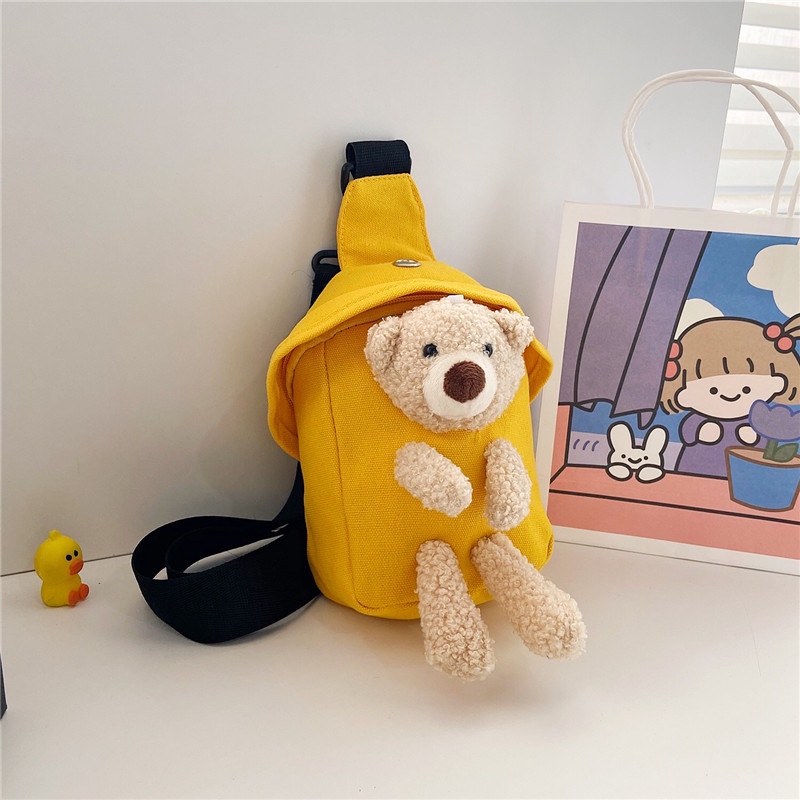 Túi Đeo Chéo Ngực Vải Canvas Mini Hình Gấu Dễ Thương Cho Bé