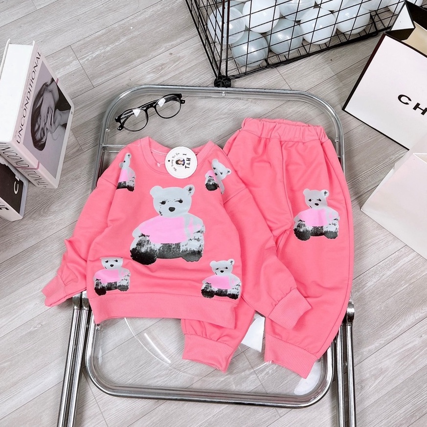 Đồ bộ bé gái Sét thu đông quần áo dài thun nỉ hình gấu cute dễ thương cho bé từ 7 đến 18 kg, SUN KID'S