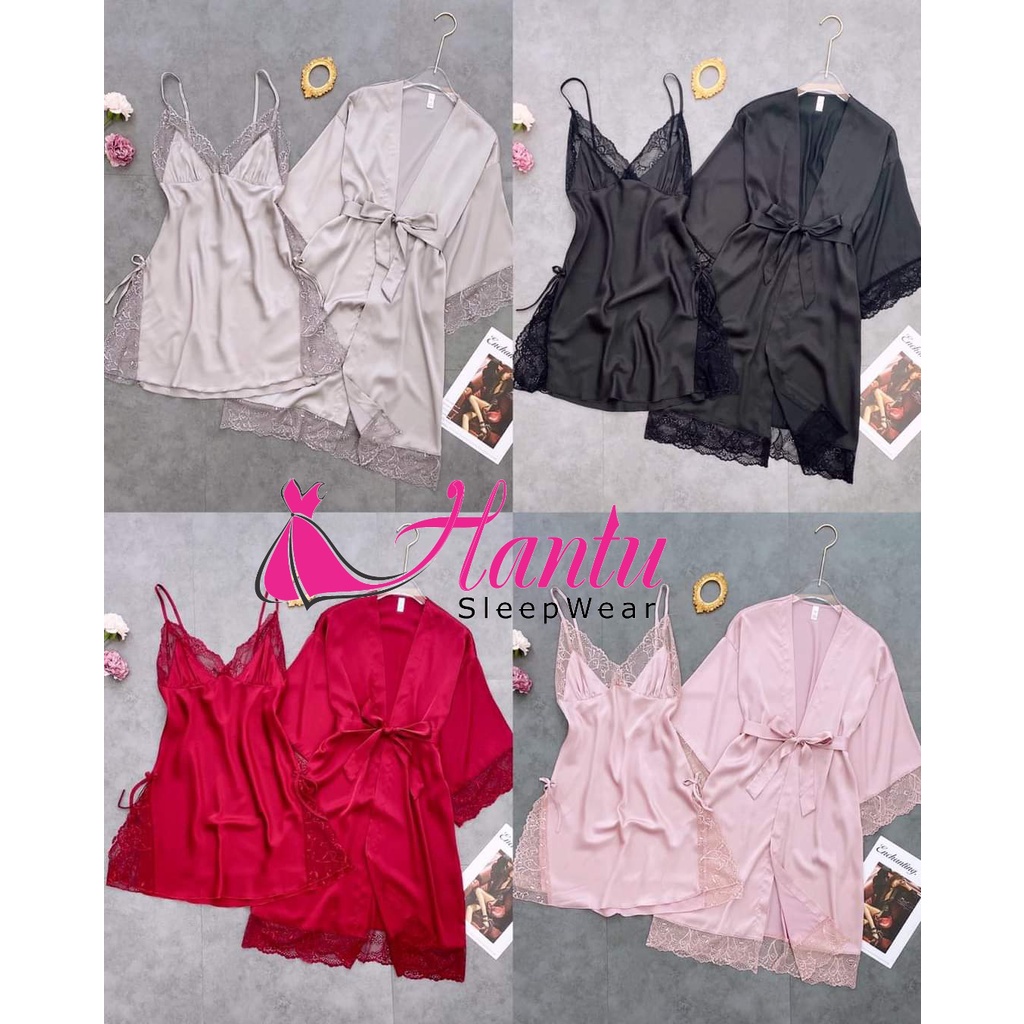 Set áo choàng kèm váy ngủ lụa ,Váy ngủ lụa 2 dây ,Áo choàng ngủ lụa phối ren Hantu Sleepwear đủ size,đủ màu -SETVINGO