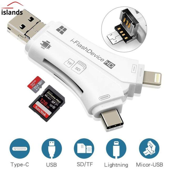 Đầu Đọc Thẻ Nhớ Đa Năng 4-1 Otg Cho Iphone / Ipad / Macbook / Android / Camera