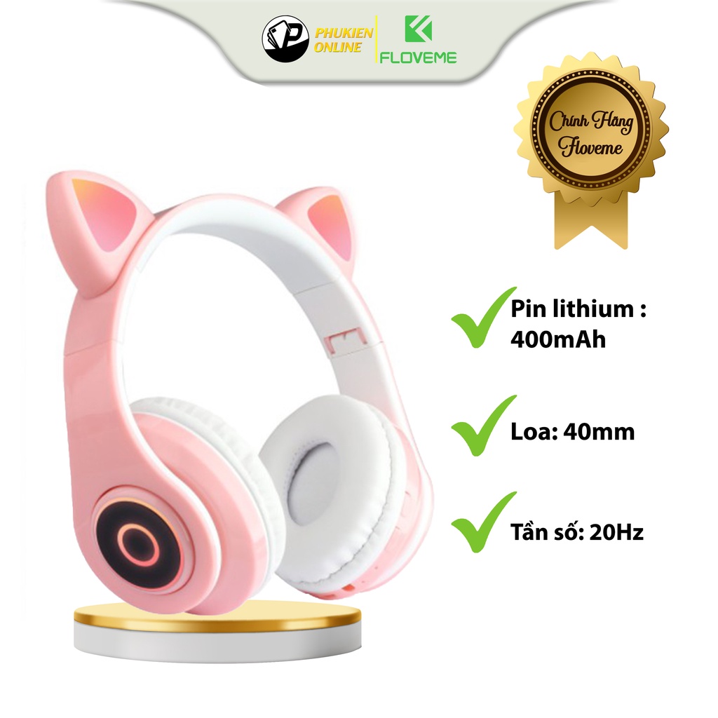 Tai Nghe Chụp Bluetooth Floveme BC3 Tai Mèo không dây Siêu Cute - Tích Hợp Đèn LED 7 Chế Độ Màu Rực Rỡ, Lọc Âm Thanh Ồn