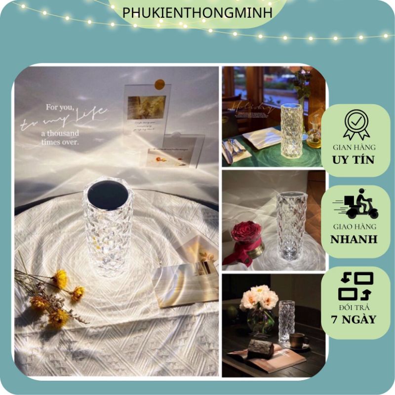 Đèn ngủ pha lê để bàn cảm ứng LED 6 màu, Đèn Decor Trang Trí Phòng Ngủ 3D Hiện Đại, Tặng Kèm Cáp Sạc USB Type-C