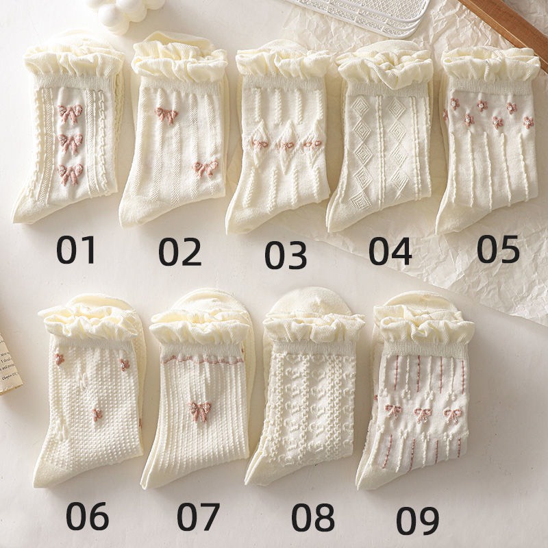 TL83 Tất vớ nữ cổ cao màu trắng dập nổi họa tiết nơ xinh LOLITA bánh bèo tiểu thư