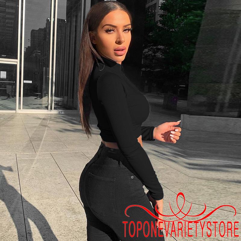 Áo kiểu croptop tay dài phối khóa kéo thiết kế màu trơn thanh lịch thời trang cho nữ | BigBuy360 - bigbuy360.vn