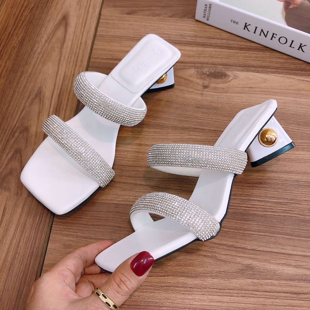 Dép cao gót guốc nữ 3p bản dây đôi xoàn đính đá góc tam giác đính ngọc siêu sang - Chị Chảnh Store