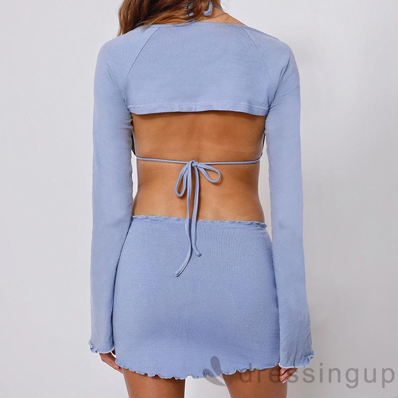 DRE-Women´s Three-Piece Outfits, Solid Color Hanging Neck Tie-Up Bra Style Vest + Long Sleeve Covering Tops + Elastic
