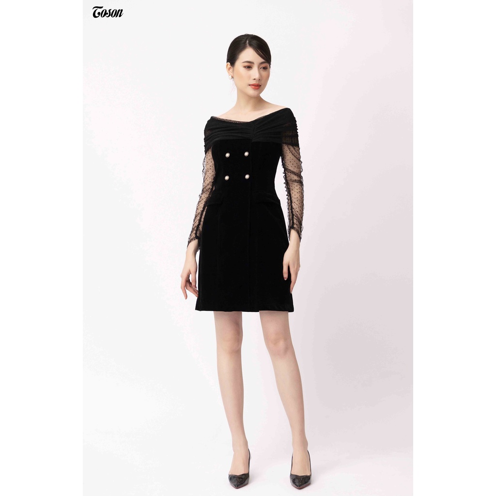 Đầm nhung đen trễ vai, tay và cúp ngực phối lưới chấm TOSON 49271B840