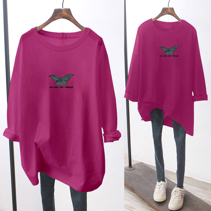 NRVP Áo thun dáng rộng tay dài họa tiết bướm thời trang mùa thu cho nữ