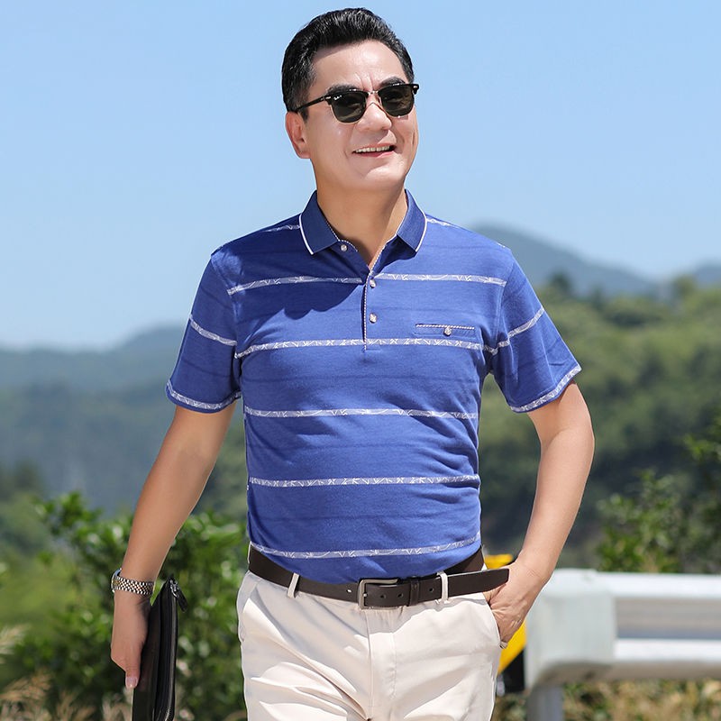 mới năm 2021 đẹpDaddy s summer ice silk T-shirt ngắn tay POLO áo sơ mi nam có ve cuối trung niên và cao tuổi Size