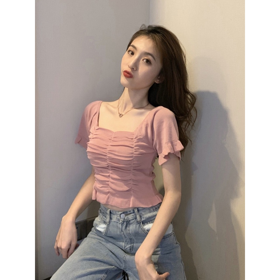 Áo len tăm nữ cổ vuông chun ngực, áo len croptop phong cách vintage