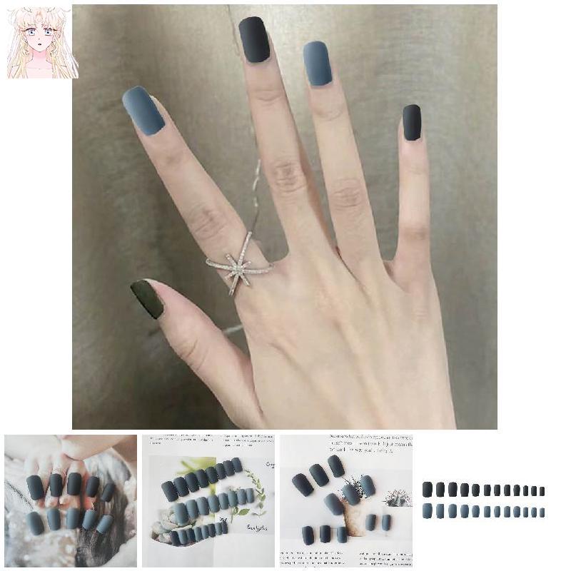 Bộ 24 chiếc móng tay giả trang trí màu xanh dương đen hợp thời trang cho nữ