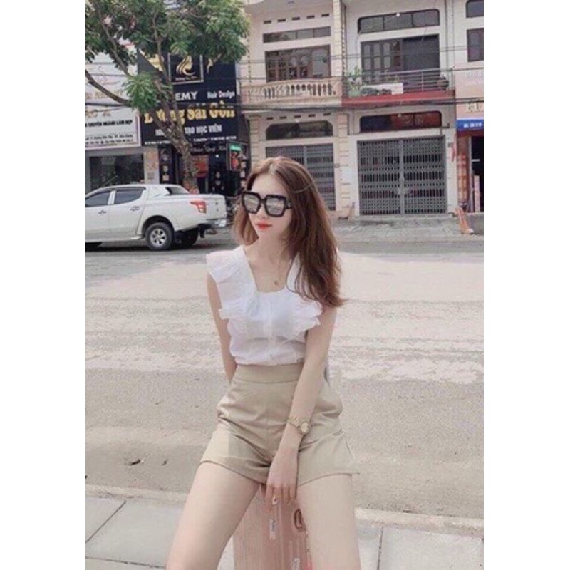 Set áo sơ mi trắng cánh tiên cài nút và quần ngắn