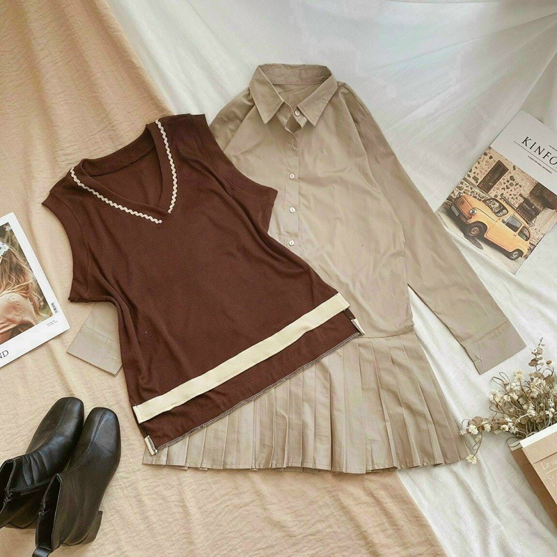 11g- Set đầm sơ mi đuôi cá và áo gile nâu