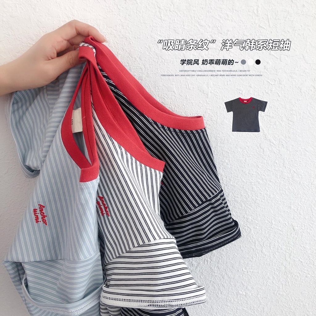 Áo Thun cotton Ngắn Tay Họa Tiết Sọc Ngang Thời Trang Mùa Hè Cho Bé