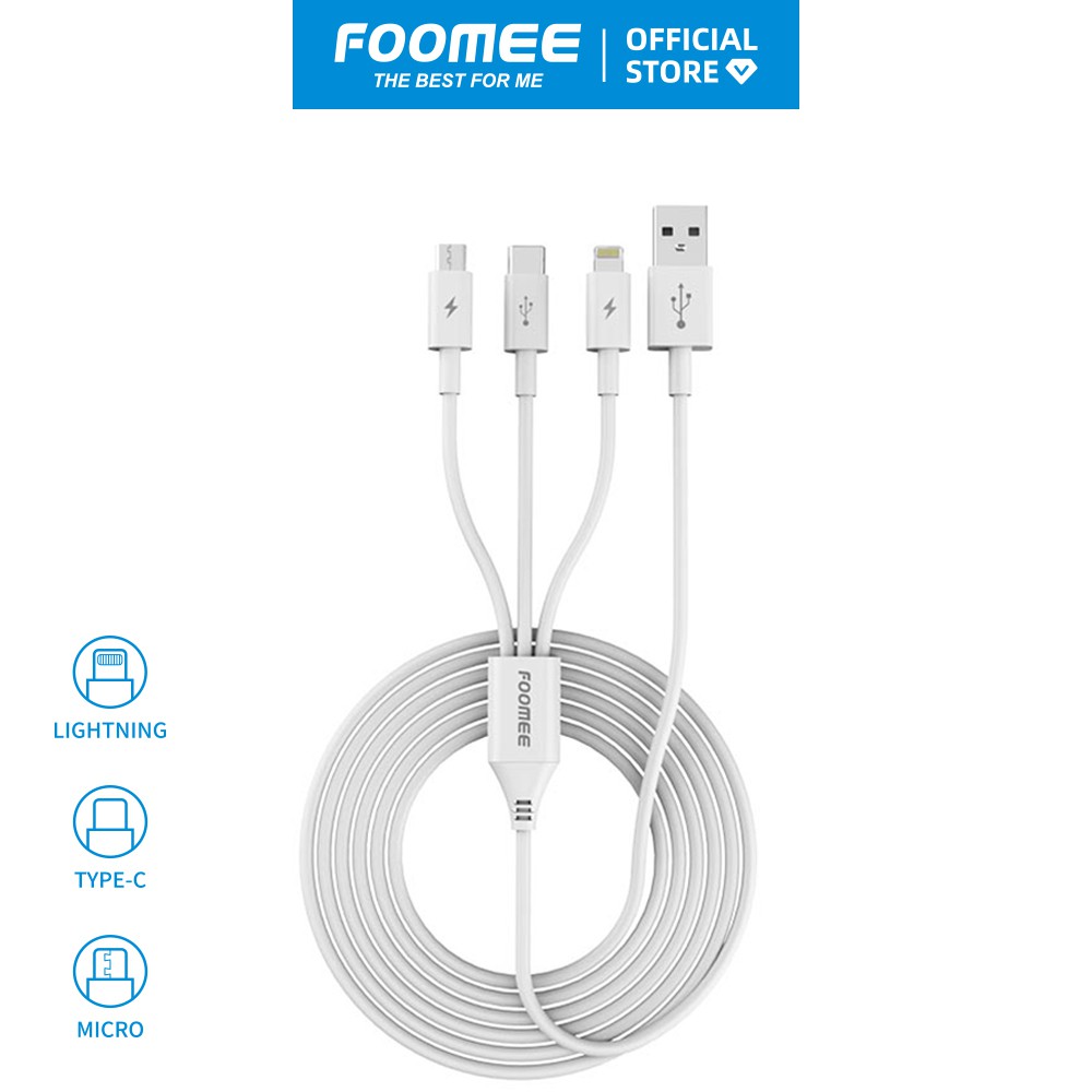 Dây Cáp Sạc 3 Trong 1 FOOMEE TF12 Đầu Typc C Lightning Micro - Bảo hàng 1 Đổi 1 Trong 12 Tháng - Dài 1.2m Sạc 3 Thiết bị