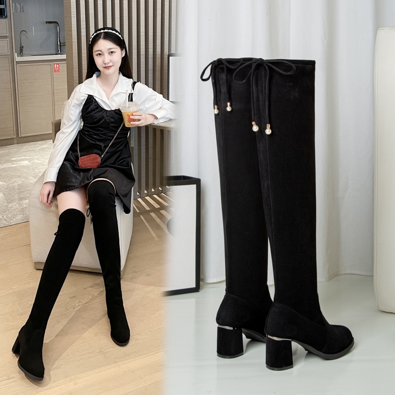 Giày Bốt Cao Gót Cổ Cao Qua Gối Màu Đen Thời Trang Cho Nữ Size 34